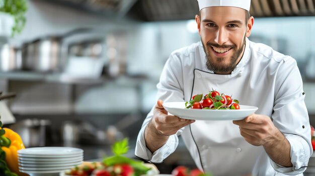 Chef feliz sosteniendo un plato de ensalada fresca