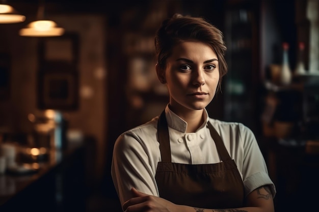 Chef femenina parada en su cocina en un pequeño restaurante de estilo italiano retrato de una joven empresa