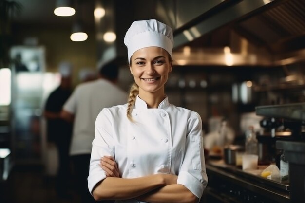 Chef femenina sonriente en una cocina.