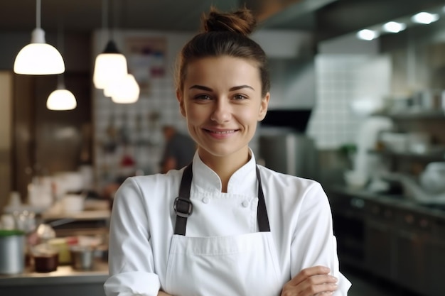 Chef femenina sonriente en una cocina.