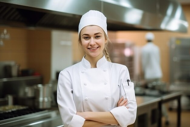 Chef femenina sonriente en una cocina.