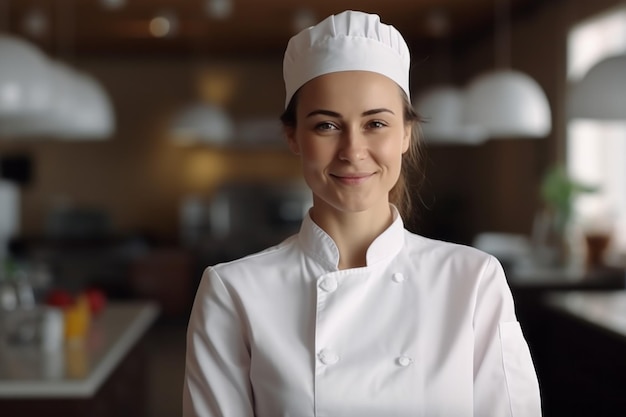 Chef femenina sonriente en una cocina.