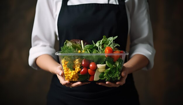 chef femenina en uniforme con recipiente de plástico sosteniendo una ensalada