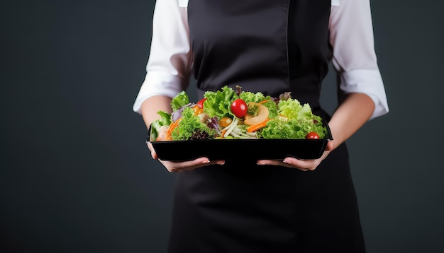 chef femenina en uniforme con recipiente de plástico sosteniendo una ensalada