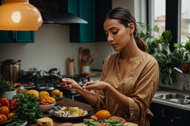 Chef feminina alegre na cozinha moderna capturando alegria culinária