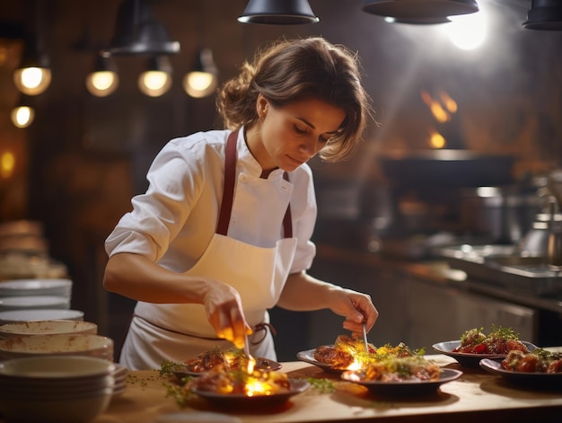 Foto chef feminina cria obras-primas culinárias em uma cozinha movimentada