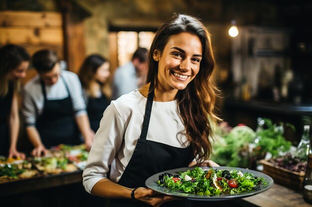 Chef feminina dando aula de culinária segurando um prato preparado