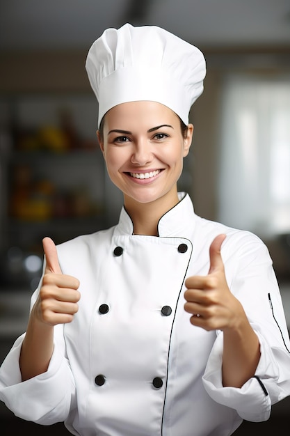 Chef feminina de uniforme sorrindo mostrando o polegar para cima