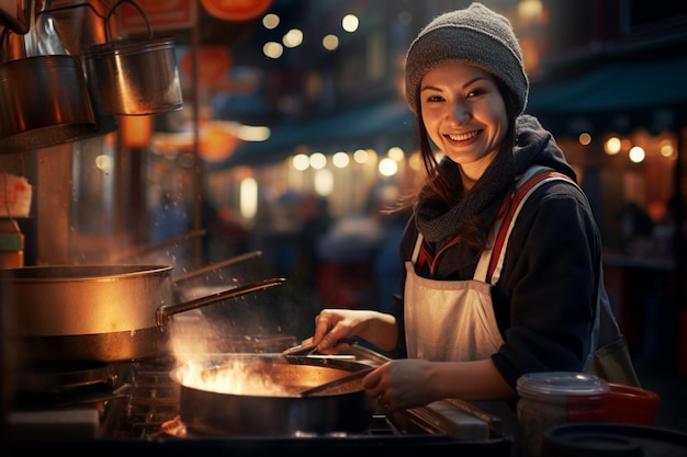 Chef feminina local cozinha alegremente no mercado de comida de rua à noite