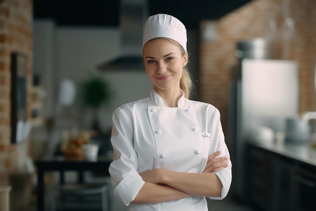 chef feminina sorridente em uma cozinha
