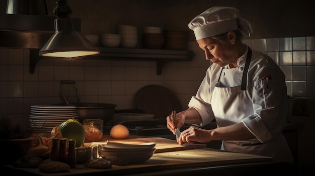 Chef feminino caucasiano de meia-idade preparando um prato na cozinha generativa AI AIG22