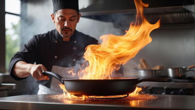 Foto chef flambeando um prato chamas pulando da panela fotografia profissional