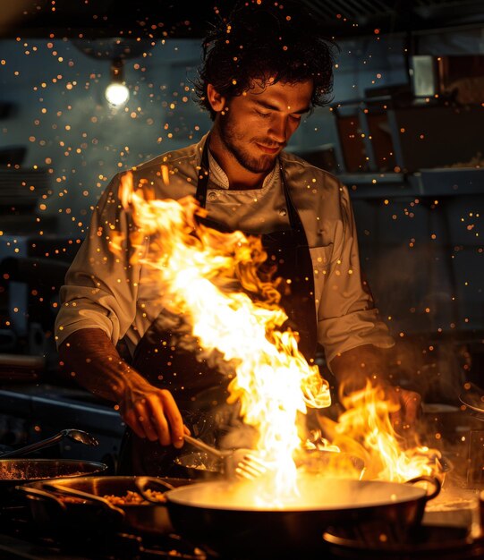 Foto chef flameando la comida en una sartén