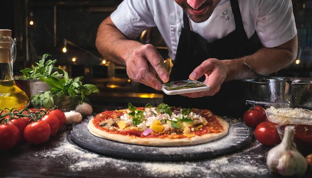 El chef fotografiando una pizza casera con ingredientes frescos