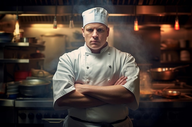 Un chef se para frente a una estufa con los brazos cruzados.