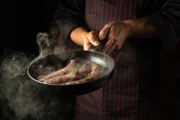 Chef fritar salsichas em uma panela quente com menu a vapor ou conceito de receita para hotel em fundo escuro