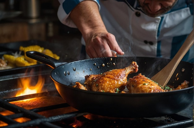 Chef frittiert Hühnchen in der Pfanne