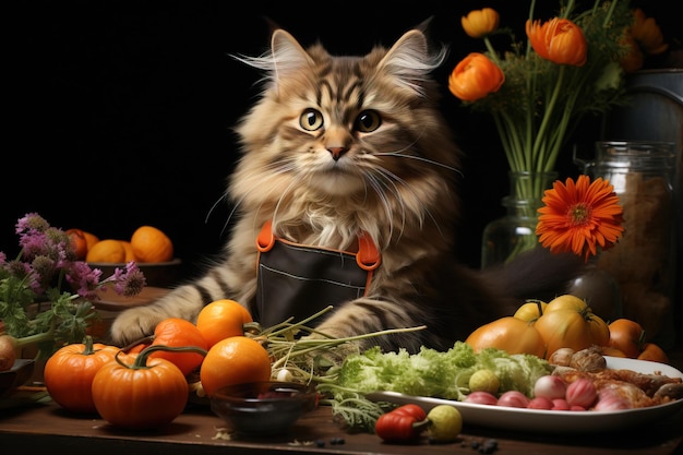 Un chef de gato rubio en una cocina con verduras.