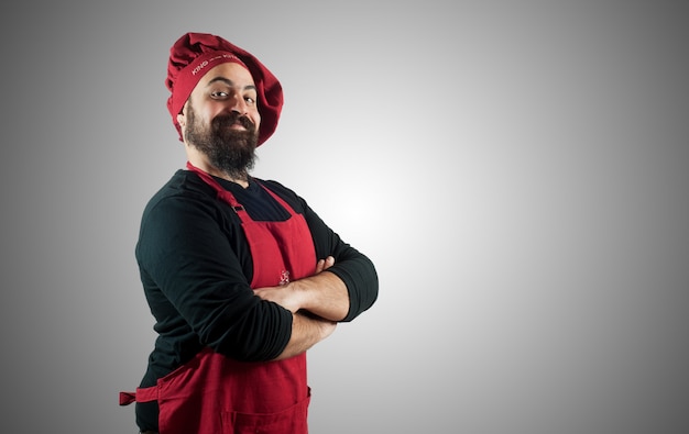 chef gordinho barbudo feliz