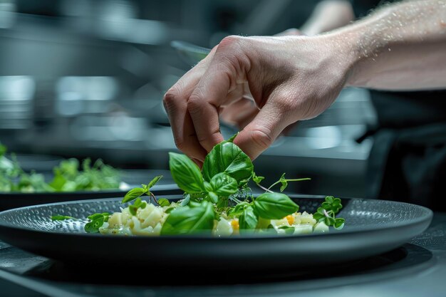 Foto chef gourmet preparando guarnição de manjericão em prato de macarrão fresco em uma cozinha profissional