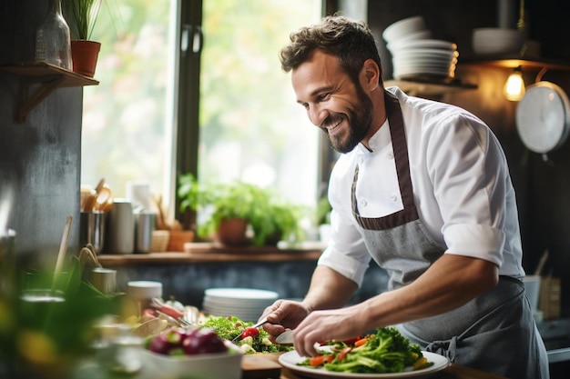 Foto chef gourmet en uniforme cocinando en una cocina comercial feliz cocinero masculino con delantal de pie