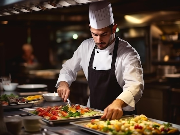 Chef gourmet en uniforme cocinando en la cocina de un restaurante italiano cocinero masculino con delantal de pie junto al mostrador de la cocina preparando comida