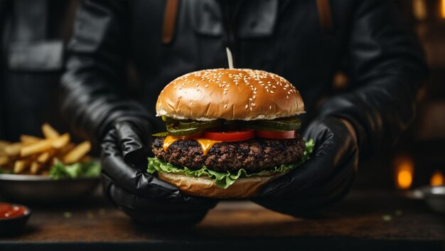 Un chef con guantes sostiene una hamburguesa con lechuga