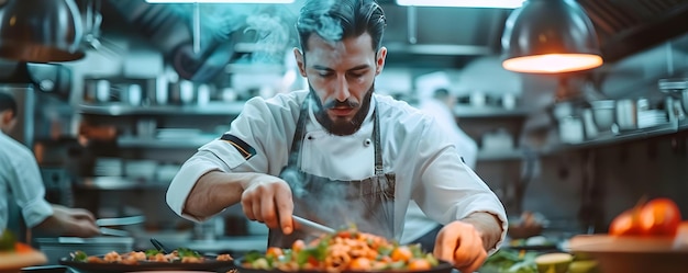 El chef hábil prospera en una cocina de restaurante de ritmo rápido Concepto de cocina gourmet Velocidad y eficiencia Perfección culinaria Ambiente de alta presión