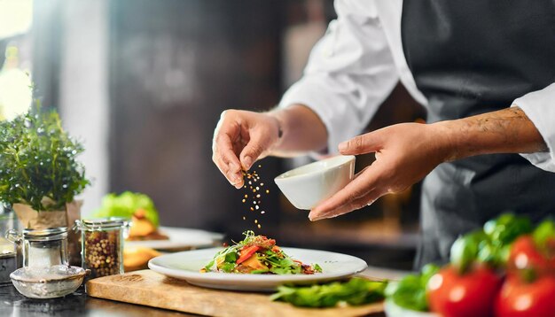 Chef habilidoso em uniforme adiciona especiarias aromáticas para melhorar o sabor de um prato gourmet exibindo cul