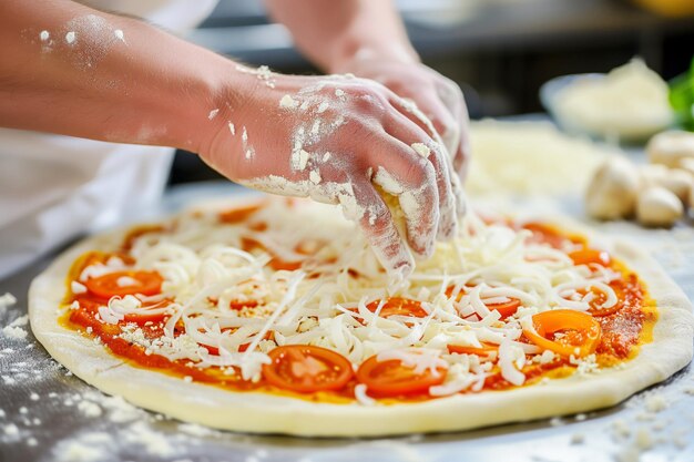 Foto el chef haciendo pizza en la cocina de cerca de las manos