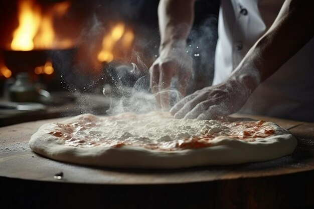 Foto el chef haciendo pizza en la mesa de cerca.