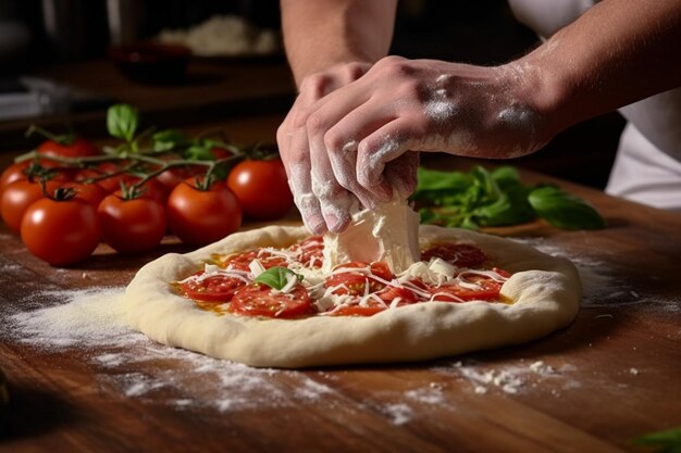 Foto un chef haciendo una pizza en la parte superior de una mesa de madera