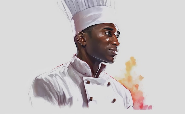 un chef de hombre afro dibujado sobre fondo blanco acuarela restaurante ilustraciones ai generado