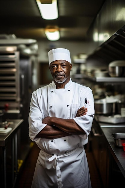 Chef hombre afroamericano adulto joven sonrisa amigable pose