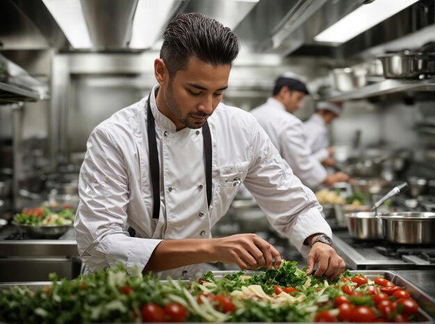 Foto el chef del hotel decora su comida.