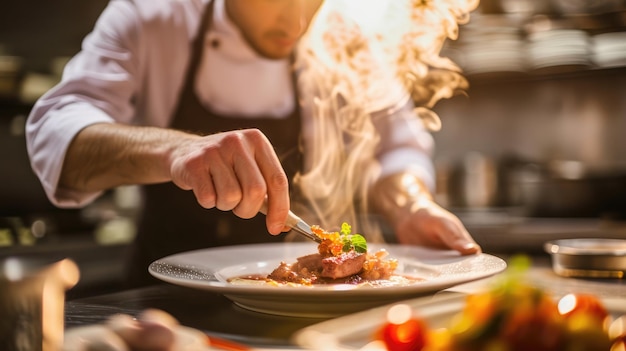 Foto el chef de ia generativa está cocinando con una sartén humeante en la concurrida cocina de un restaurante