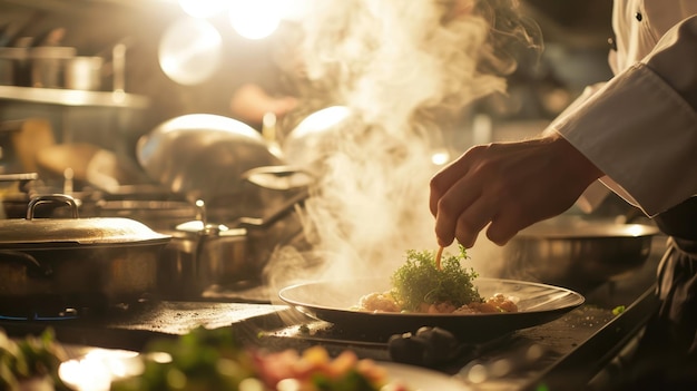 El chef de IA generativa está cocinando con una sartén humeante en la concurrida cocina de un restaurante