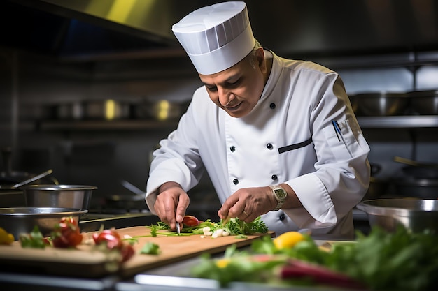 Chef indio adornando un plato con cilantro fresco