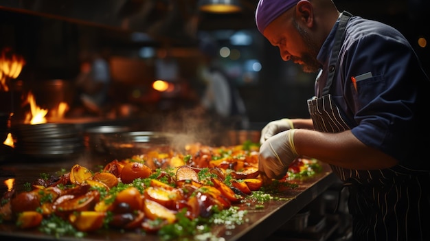 Foto chef indio cocinando comida tradicional india en una cocina comercial