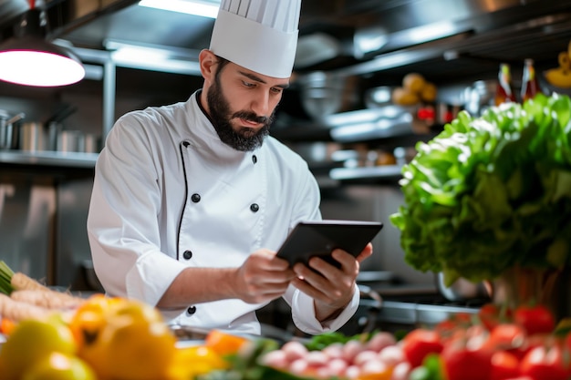Chef inovador utiliza tablet para encomendas de supermercado simplificadas na cozinha do restaurante.