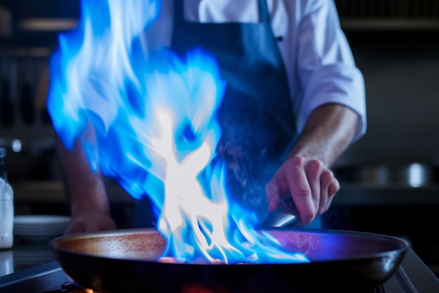 El chef intenso se centra mientras las llamas azules engullen una sartén