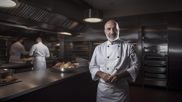 Chef italiano mostrando sus platos de autor o especialidades en un restaurante de lujo con IA generativa