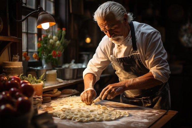 Chef italiano preparando pasta fresca en cocina tradicional generativa IA