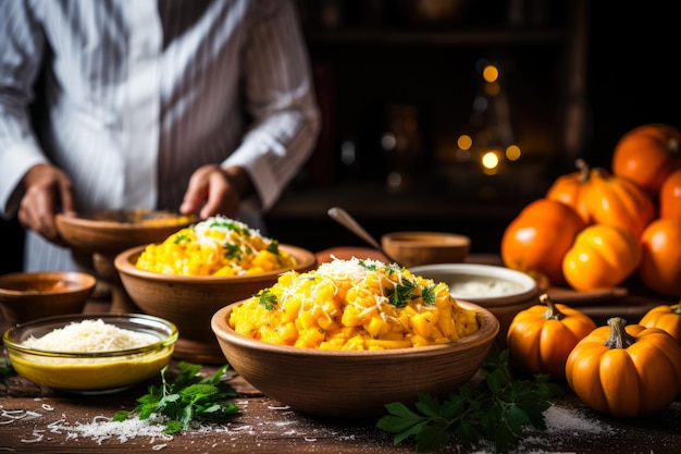 Chef italiano preparando risoto de abóbora em um fundo de cozinha com espaço vazio para texto