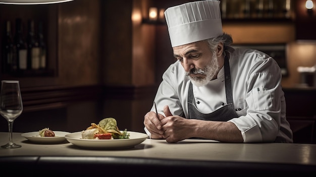 Chef italiano provando a comida que preparou com uma expressão satisfeita em um restaurante de luxo com Generative AI