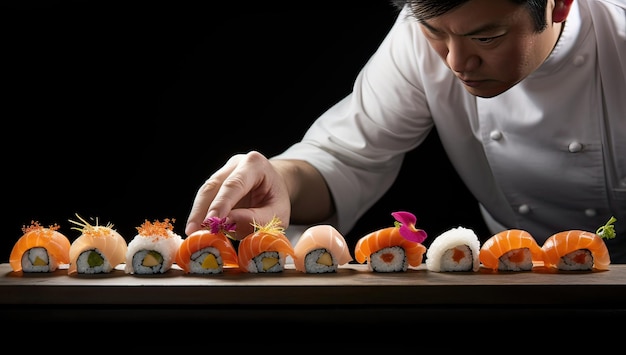 Chef japonés decorando sushi sobre fondo negro concepto de comida japonesa