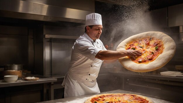 Foto chef jogando massa de pizza na cozinha