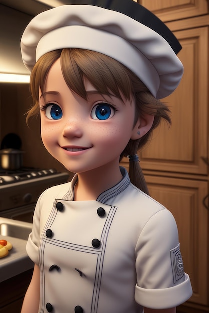 Chef joven lindo de dibujos animados en 3D en la cocina con IA generativa de alimentos