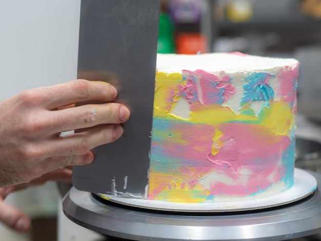 Chef-Konditor-Designer konfektioniert einen 3-stöckigen Kuchen mit Milchglasur, dekoriert mit cremigen Pastellfarben
