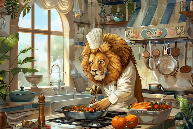 Foto un chef león prepara un banquete en una cocina de sabana real estilo de ilustración de libros para niños